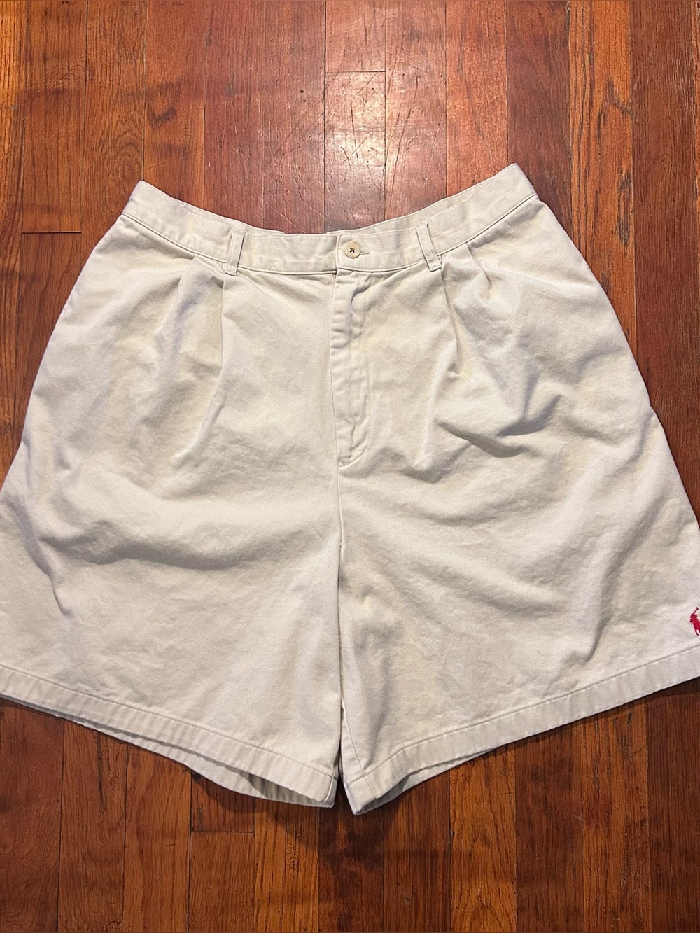 Vintage Ralph Lauren Polo Sport Preppy Pony Logo 7in Pleated Tan Khaki Shorts 8